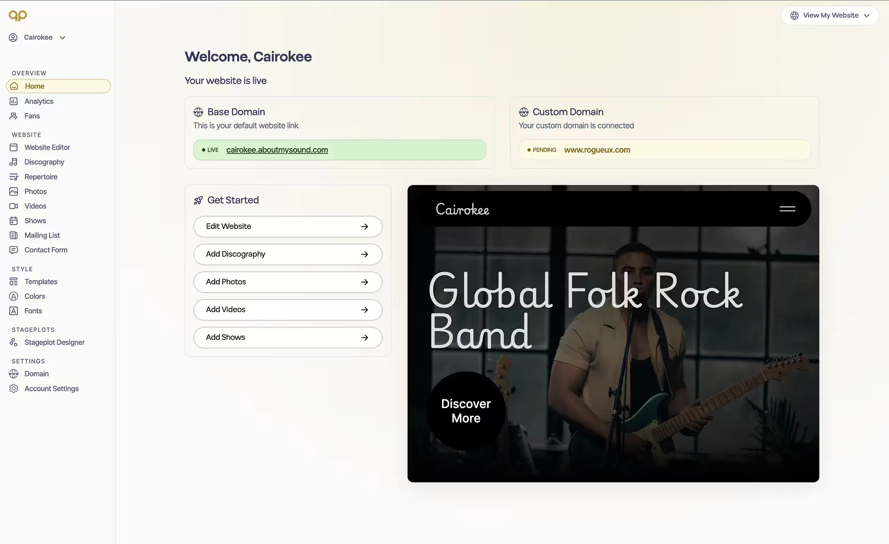 The About My Sound dashboard: a site-builder overview showing domain status, a getting-started checklist, and a live preview of an artist's website.