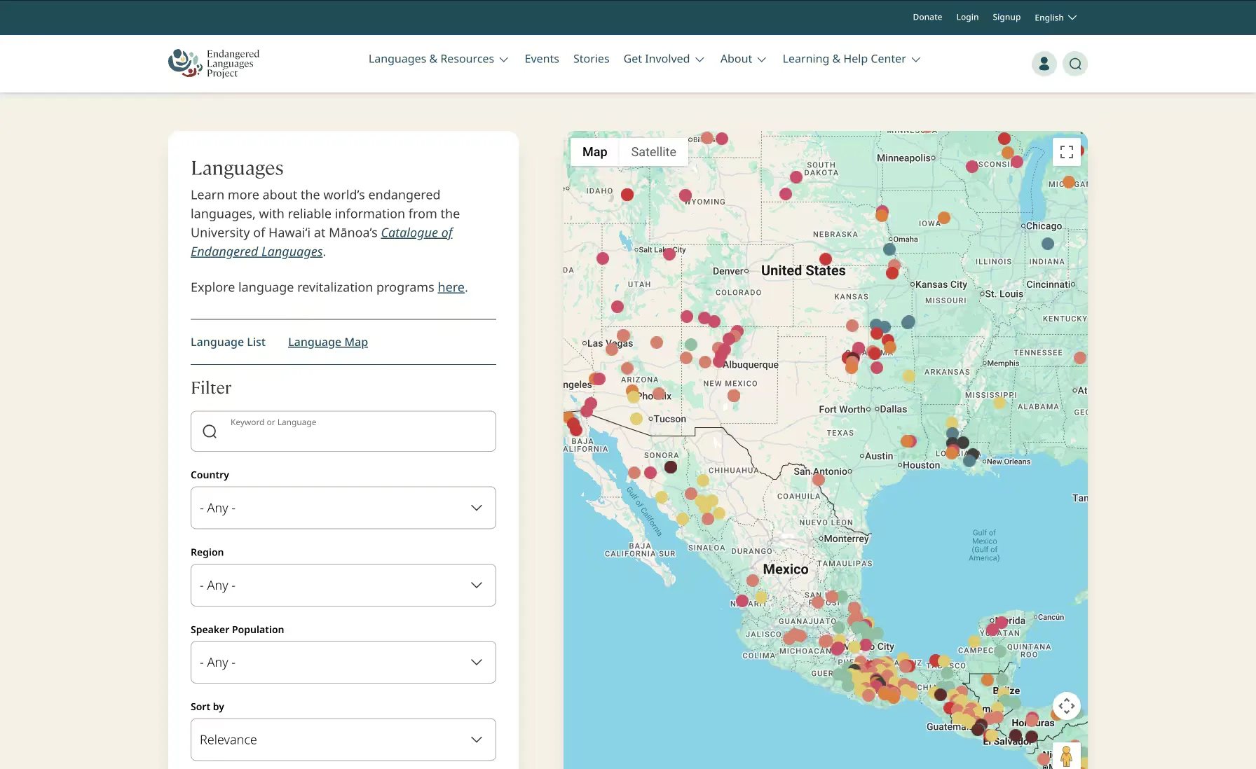 The Endangered Languages Project site: a language search and filter panel beside a map of the Americas dotted with the locations of endangered languages.